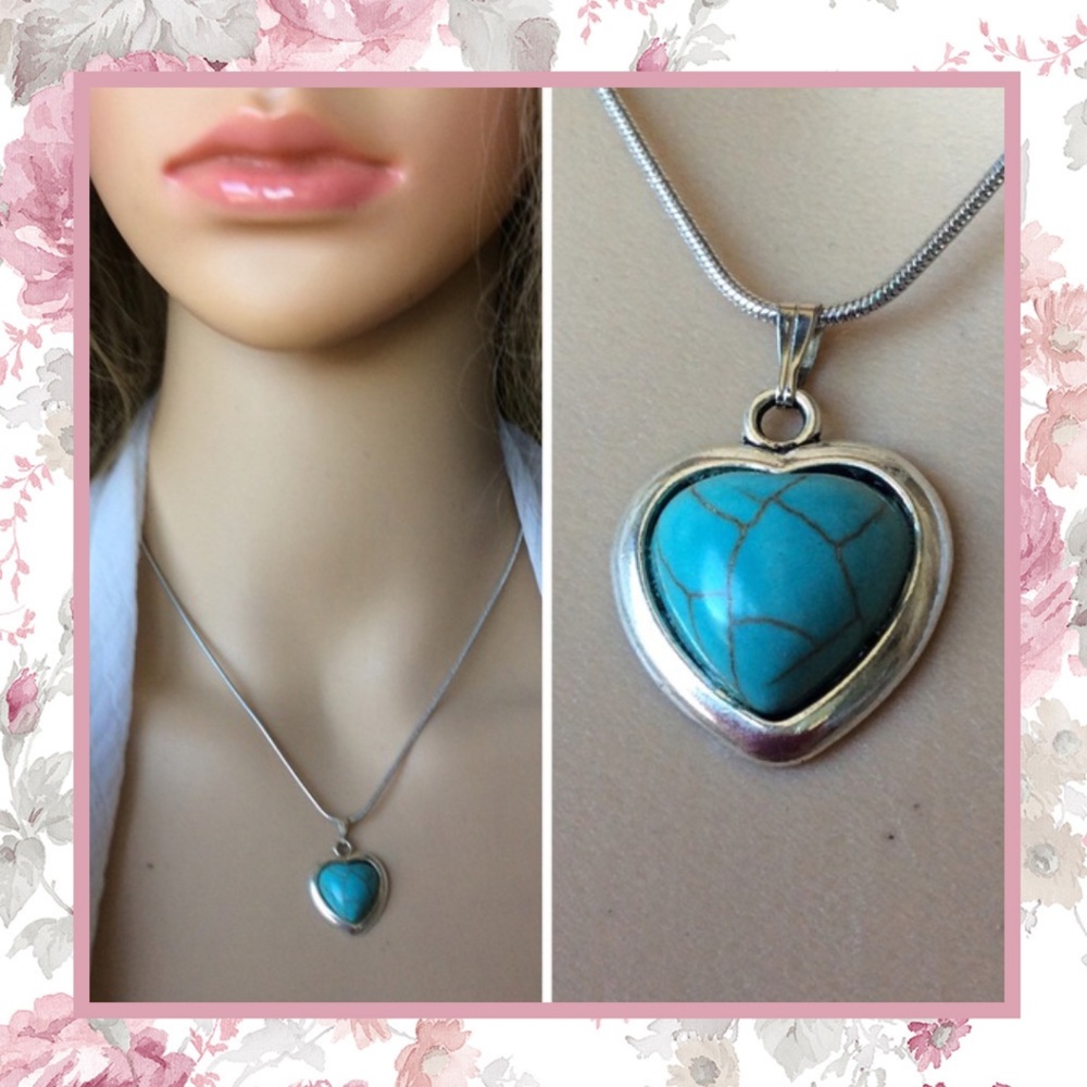🍒TURQUOISE TEAL SILVER HEART NECKLACE BOHO CHIC